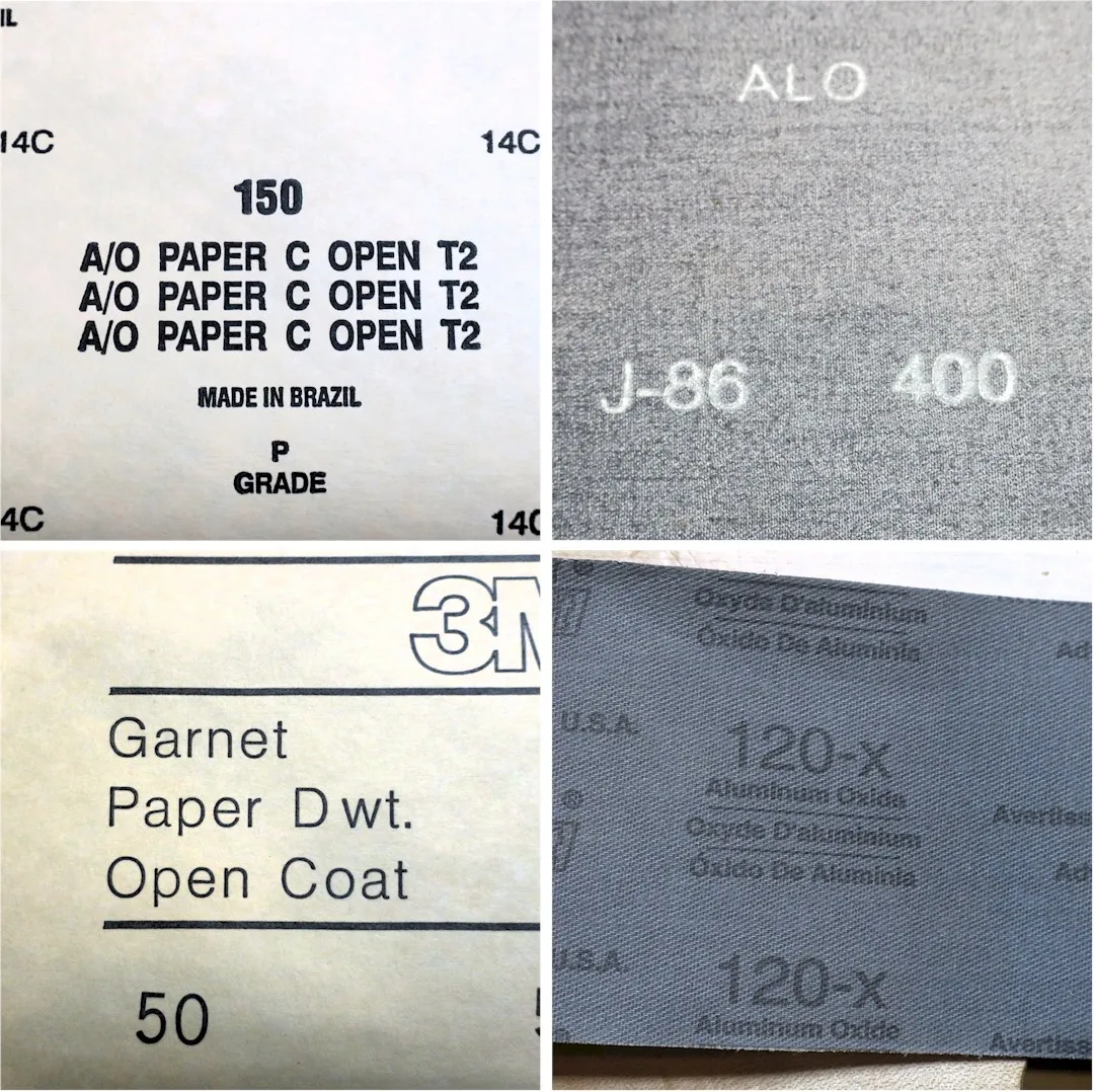 4 pictures of the back of sandpaper each with a different backing