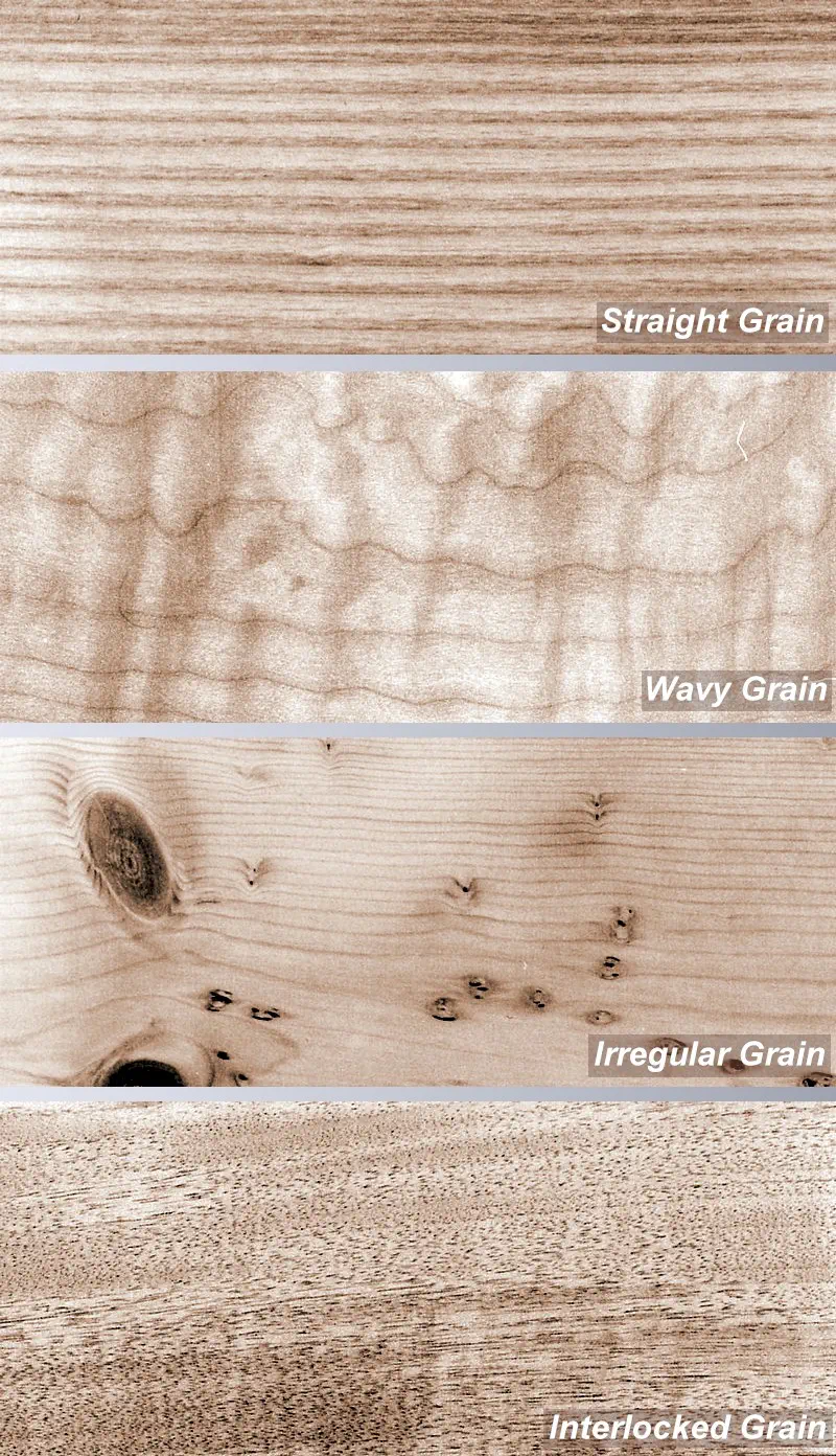 close up of straight, wavy, irregular, and interlocked grain