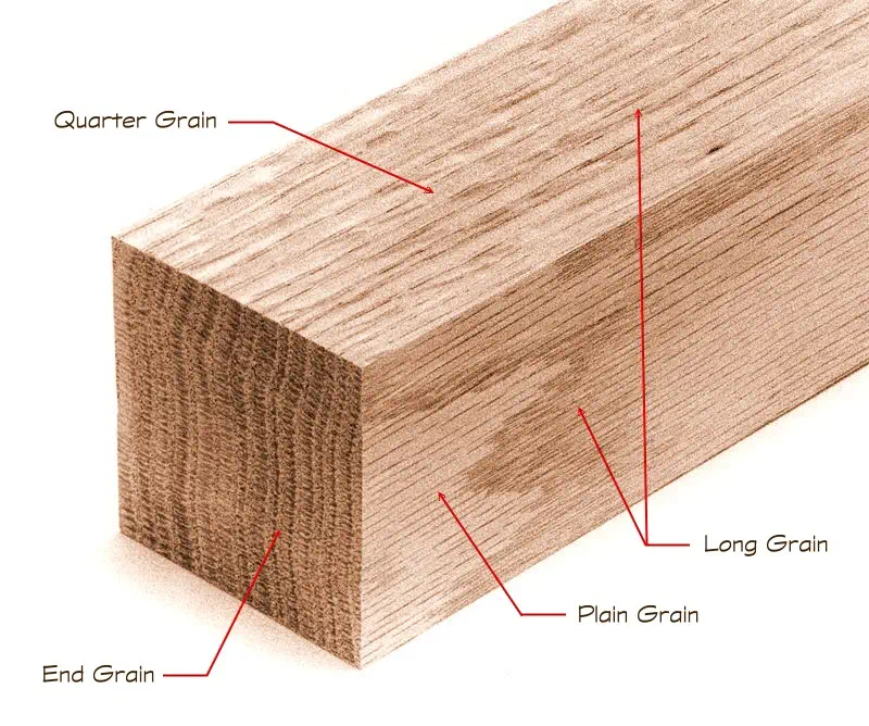 Wood block with labels pointing to the different grain types - Quarter grain, long grain, plain grain, and end grain